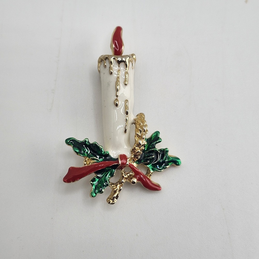 Vintage Christmas Brooch Pin Candle Flame Sparkle Enamel Gold Tone Estate